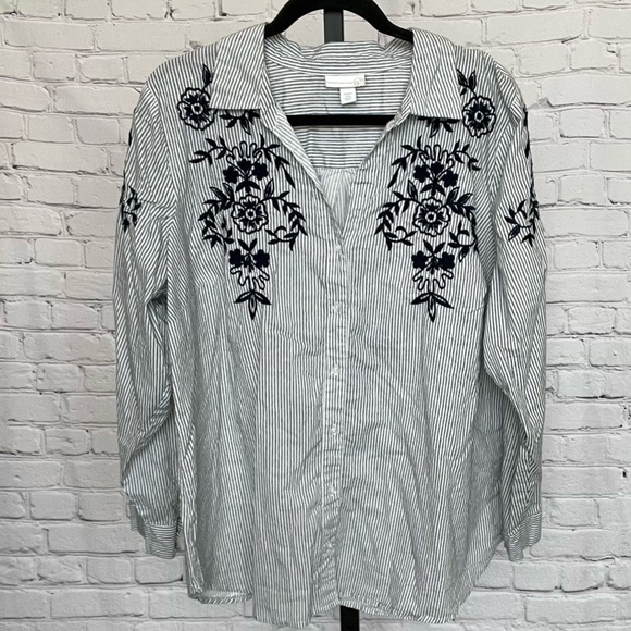 Westport Striped Embroidered Cotton Button Down Blouse Size 2X - Picture 1 of 4